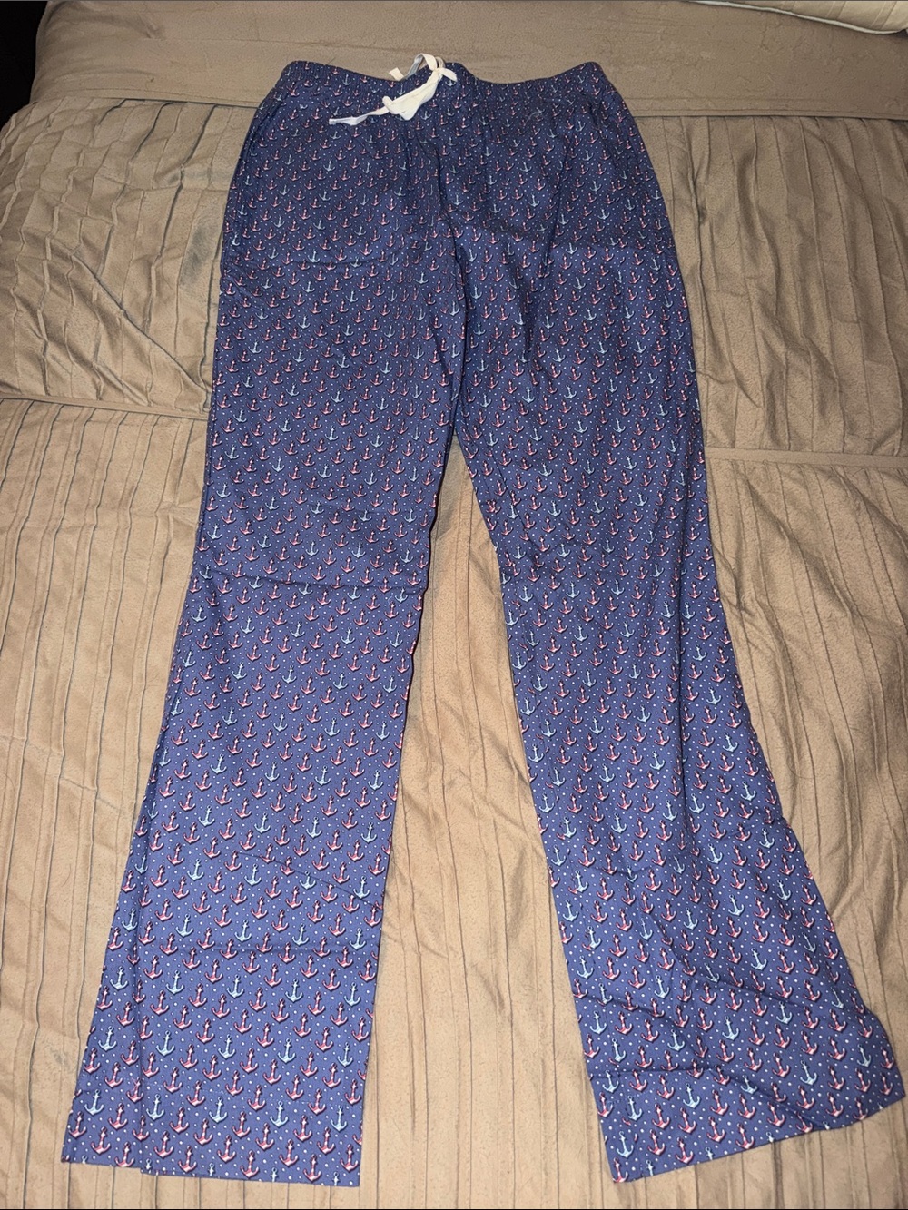 Vineyard Vines Navy Anchor-Print Wide Leg Pants with White Drawstring
